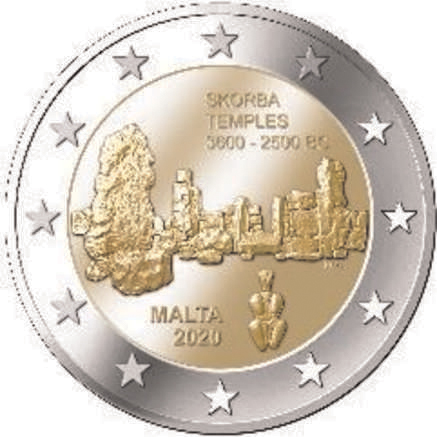 2 Euromunt van Malta uit 2020 met het motief Megalithische tempels van Ta' Skorba