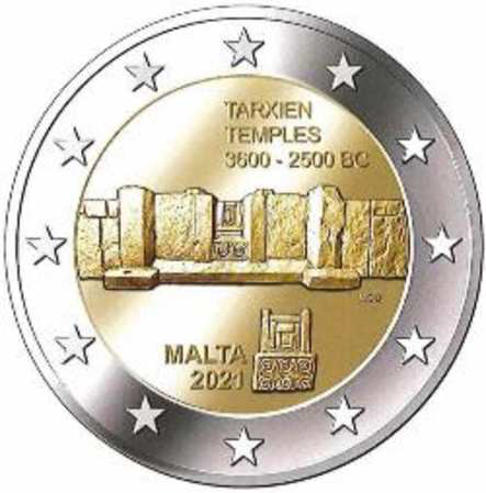 2 Euromunt van Malta uit 2021 met het motief Megalithische tempels van Tarxien