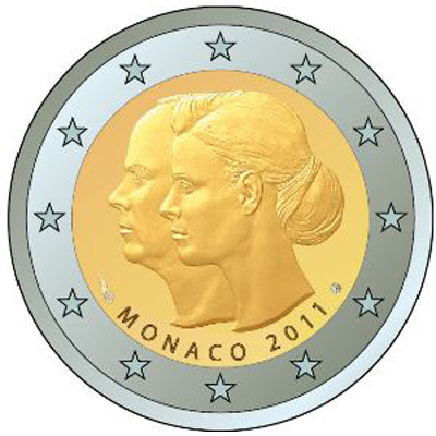 2 Euromunt van Monaco uit 2011 met het motief Huwelijk van Albert en Charlene
