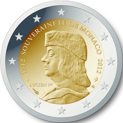 2 Euromunt van Monaco uit 2011 met het motief 500e verjaardag van de stichting van de soevereiniteit van Monaco, door Lucien 1er Grimaldi