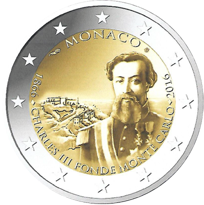 2 Euromunt van Monaco uit 2016 met het motief  	150e verjaardag van de bouw van Monte Carlo door Karel III