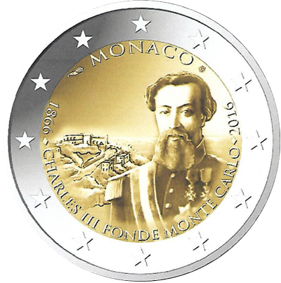 2 Euromunt van Monaco uit 2016 met het motief 150e verjaardag van de bouw van Monte Carlo door Karel III