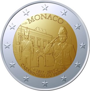 2 Euromunt van Monaco uit 2017 met het motief 200-jarig bestaan van de Compagnie des Carabiniers du Prince