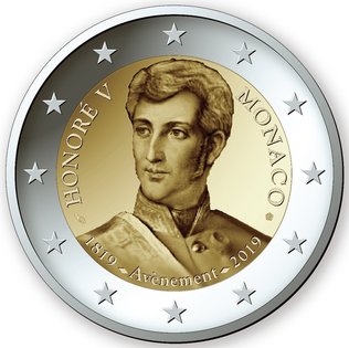 2 Euromunt van Monaco uit 2019 met het motief 200 jaar troonbestijging van Honorius V