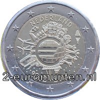 2 Euromunt van Nederland uit 2012 met het motief 10 jaar chartale Euro