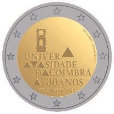 2 Euromunt van Portugal uit 2020 met het motief 730 jaar Universiteit van Coimbra