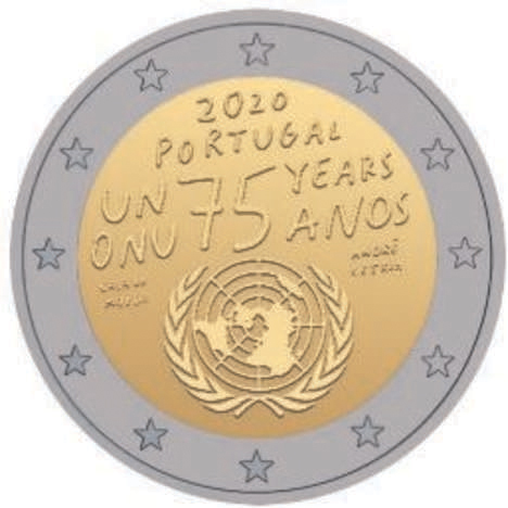 2 Euromunt van Portugal uit 2020 met het motief 75 jaar Verenigde Naties