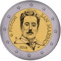 2 Euromunt van San Marino uit 2014 met het motief 90ste sterfdag van Giacomo Puccini