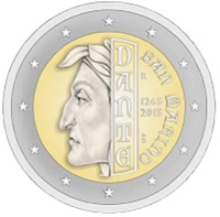 2 Euromunt van San Marino uit 2015 met het motief 750ste geboortedag van Dante Alighieri