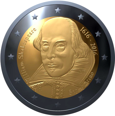 2 Euromunt van San Marino uit 2016 met het motief 400ste sterfdag van William Shakespeare