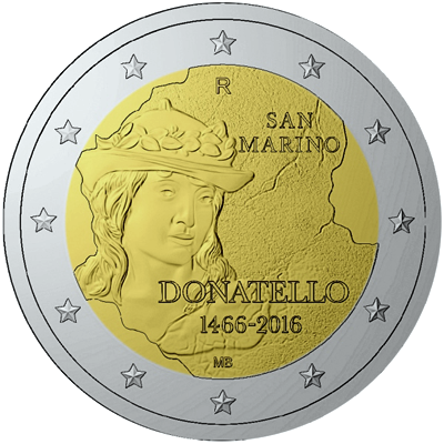 2 Euromunt van San Marino uit 2016 met het motief 550ste sterfdag van Donatello