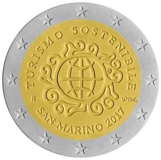 2 Euromunt van San Marino uit 2017 met het motief Internationaal jaar van duurzaam toerisme voor ontwikkeling