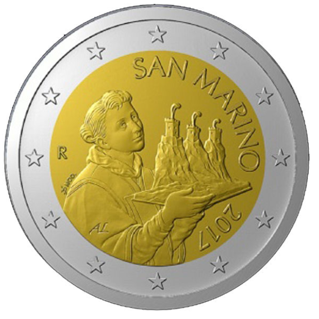 Normale 2 Euromunt met als motief het portret van Sint-Marinus