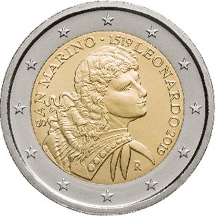 2 Euromunt van San Marino uit 2019 met het motief 500ste sterfdag van Leonardo da Vinci