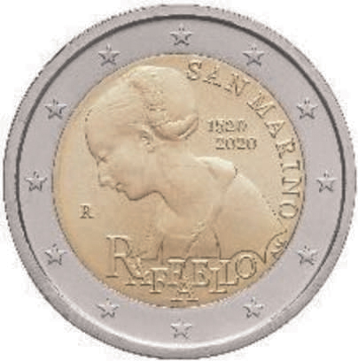 2 Euromunt van San Marino uit 2020 met het motief 500ste sterfdag van Rafaël