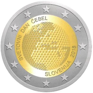 2 Euromunt van Slovenië uit 2018 met het motief Wereldbijendag