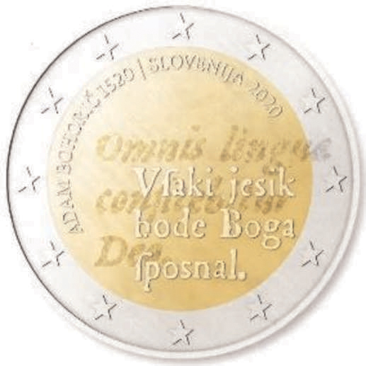 2 Euromunt van Slovenië uit 2020 met het motief 500ste geboortedag van Adam Bohorič