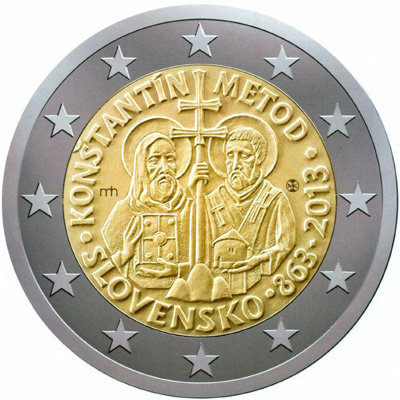 2 Euromunt van Slowakije uit 2013 met het motief 1150ste verjaardag van de Byzantijnse missie van St. Cyrillus en Methodius in Groot-Moravië