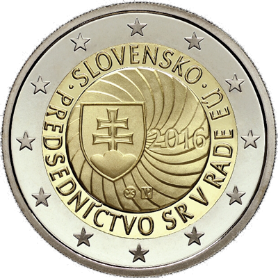 2 Euromunt van Slowakije uit 2016 met het motief Eerste voorzitterschap Europese Unie van Slowakije