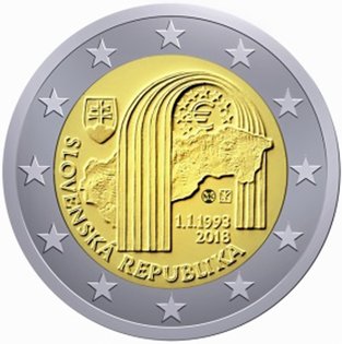2 Euromunt van Slowakije uit 2018 met het motief 25-jarig bestaan van de Slowaakse Republiek