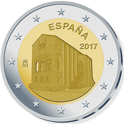 2 Euromunt van Spanje uit 2017 met het motief Monumenten van Oviedo en het Koninkrijk Asturië