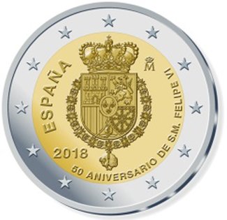 2 Euromunt van Spanje uit 2018 met het motief 50ste verjaardag van Koning Felipe VI
