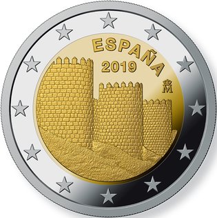2 Euromunt van Spanje uit 2019 met het motief Oude stad Ávila met de Kerken buiten de Muren