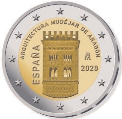 2 Euromunt van Spanje uit 2020 met het motief Mudejar-architectuur van Aragón
