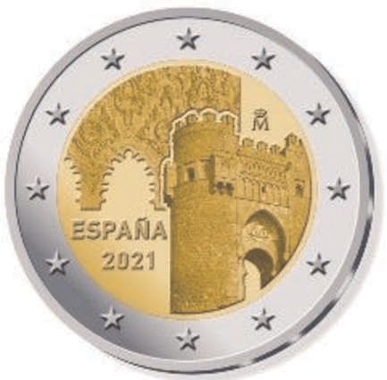 2 Euromunt van Spanje uit 2021 met het motief Historische stad Toledo