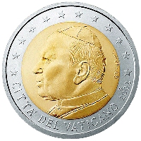 Normale 2 Euromunt uit de Vaticaanstad met als motief het Portret van paus Johannes Paulus II.