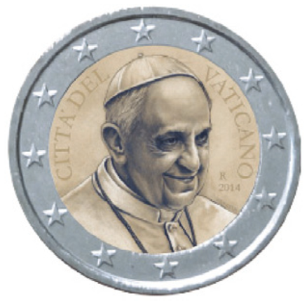 Normale 2 Euromunt uit de Vaticaanstad met als motief Portret van Paus Franciscus I