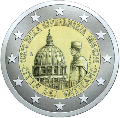 2 Euromunt van Vaticaanstad uit 2016 met het motief 200-jarig bestaan van het korps der Vaticaanse Gendarmerie