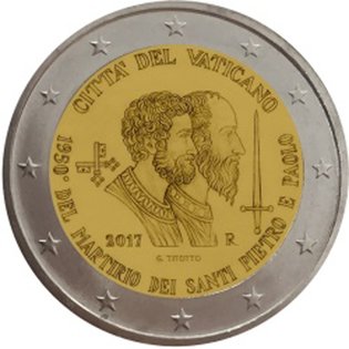 2 Euromunt van Vaticaanstad uit 2017 met het motief 1950ste verjaardag van het martelaarschap van Petrus en Paulus