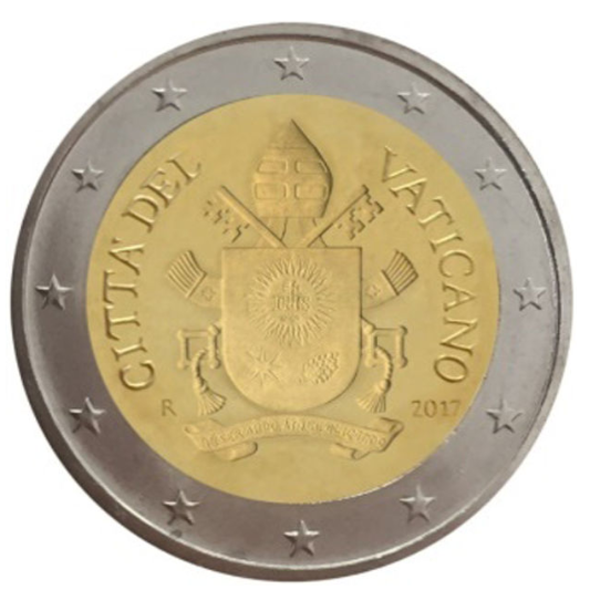 Normale 2 Euromunt uit de Vaticaanstad met als motief het wapen van het staatshoofd van Vaticaanstad
