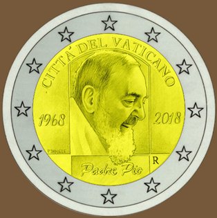 2 Euromunt van Vaticaanstad uit 2018 met het motief 50ste sterfdag van Pater Pio