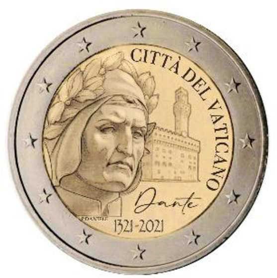 2 Euromunt van Vaticaanstad uit 2021 met het motief 700ste sterfdag van Dante Alighieri
